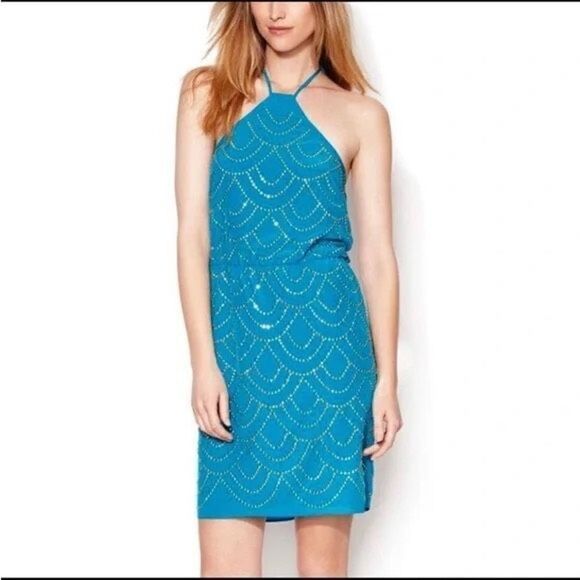 Trina Turk Silk Turquoise Gold Studded Halter Dress Size 6 - Picture 1 of 7